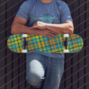 Blaue Gelbe Orange Karierte Tartan-Design Skateboard