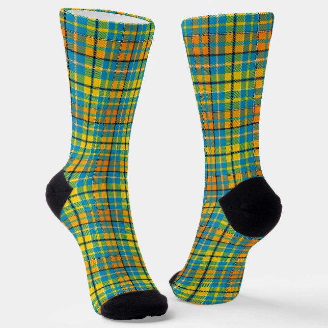 Blaue Gelbe Orange Karierte Tartan-Design  Socken (Gewinkelt)