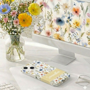 Blaue Gelbe Rosa Aquarell Wildblume Name Case-Mate iPhone 14 Hülle