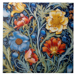 Blaue Gelbe Rote Blumen im William-Morris-Stil Fliese