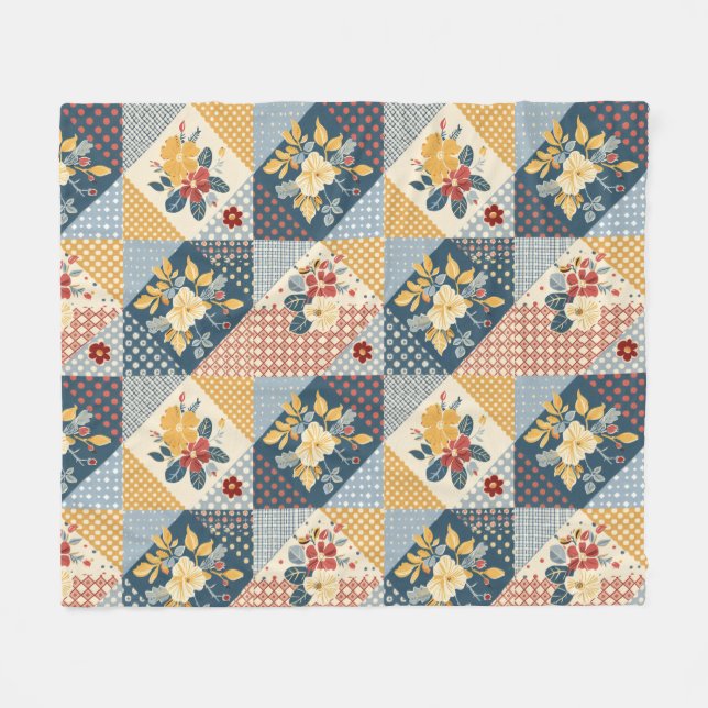 Blaue Gelbe Rote Patchwork-Quiltdecke Gingham Blum Fleecedecke (Vorderseite (Horizontal))