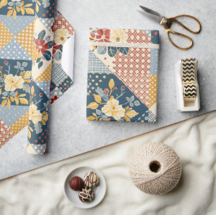 Blaue Gelbe Rote Quilt Gingham Cottagecore Blumen Geschenkpapier
