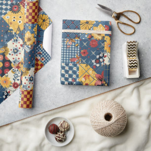 Blaue Gelbe Rote Quilt Gingham Cottagecore Blumen Geschenkpapier