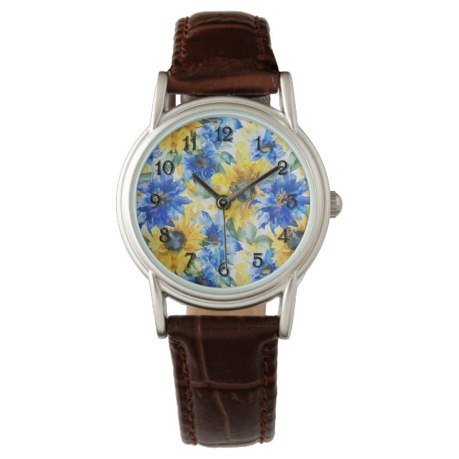 Blaue Gelbe Sonnenblumen Armbanduhr (Vorderseite)