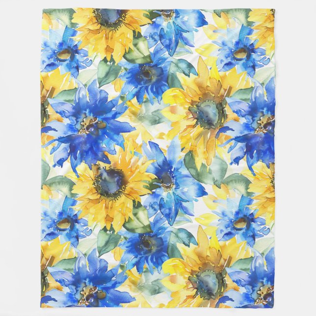 Blaue Gelbe Sonnenblumen Fleecedecke (Vorderseite)