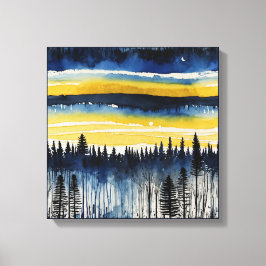 Blaue gelbe Sonnenuntergangswälder Leinwanddruck