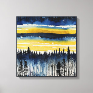 Blaue gelbe Sonnenuntergangswälder Leinwanddruck