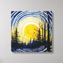 Blaue gelbe Sonnenuntergangswälder Leinwanddruck