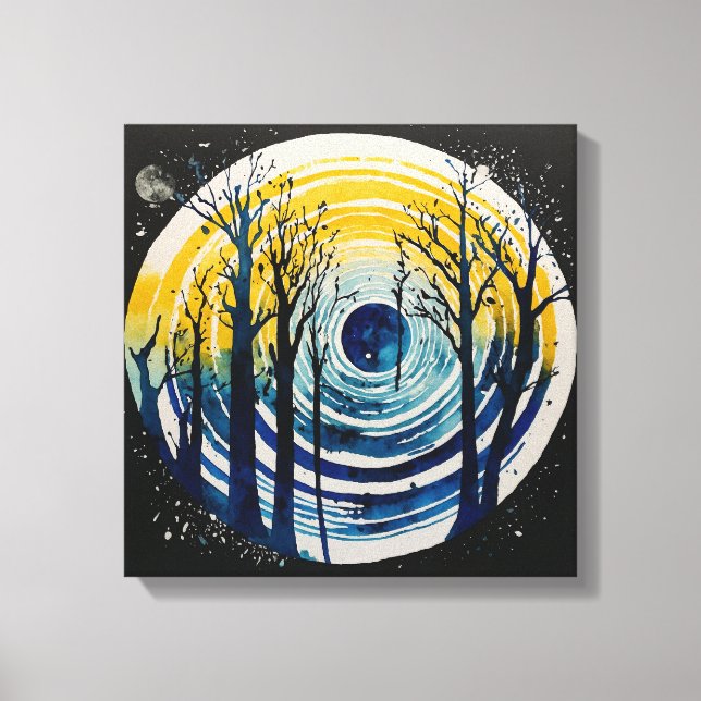 Blaue gelbe Sonnenuntergangswälder Leinwanddruck (Vorderseite)