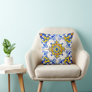 Blaue gelbe traditionelle portugiesische Azulejo-F Kissen
