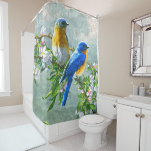 Blaue Gelbe Vögel Kirschblossom Bäume Malerei Duschvorhang