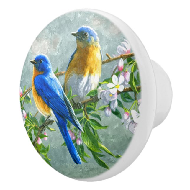 Blaue Gelbe Vögel Kirschblossom Bäume Malerei Keramikknauf (Rechts)