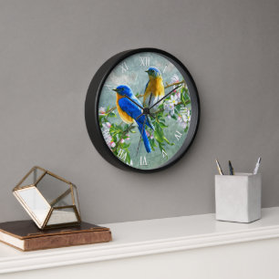 Blaue Gelbe Vögel Kirschblossom Bäume Malerei Uhr