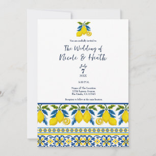 Blaue gelbe Zitronen-Aquarell-Mittelmeer-Hochzeit Einladung