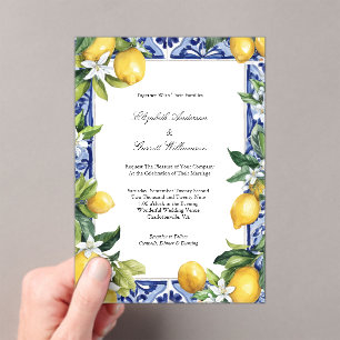 Blaue Gelbe Zitronen Mittelmeer Fliesen Hochzeit Acryleinladungen