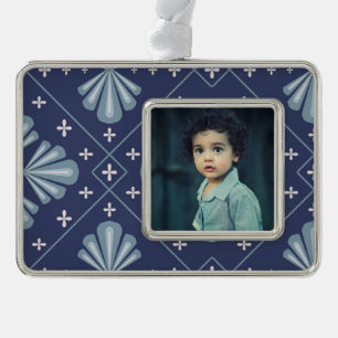 Blaue geometrische Formen Muster  Rahmen-Ornament Silber