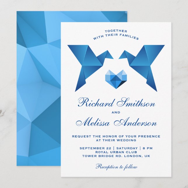 Blaue geometrische Herkunft Vögel Hochzeitseinladu Einladung (Vorne/Hinten)