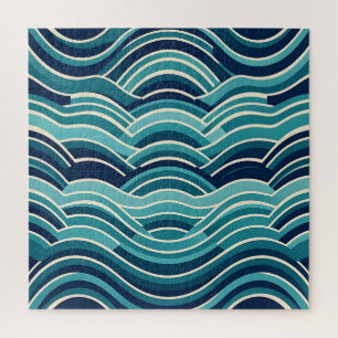 Blaue geometrische Meereswellen im wiederholenden Puzzle