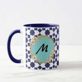 Blaue geometrische Tasse mit goldenem floralem Kre