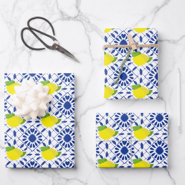 Blaue geometrische Zitronenfliese Geschenkpapier Set (Vorderseite)