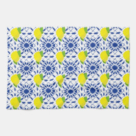 Blaue geometrische Zitronenfliese Geschirrtuch