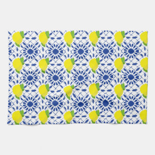 Blaue geometrische Zitronenfliese Geschirrtuch