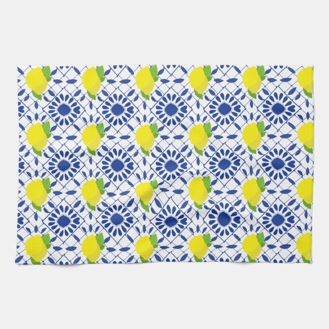Blaue geometrische Zitronenfliese Geschirrtuch (Horizontal)