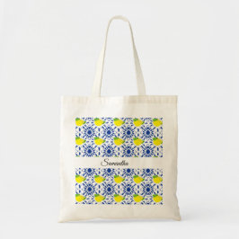 Blaue geometrische Zitronenfliese Tragetasche