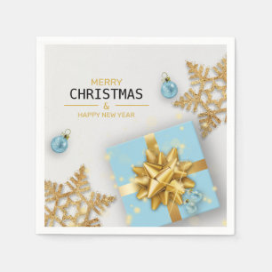 Blaue Geschenkbox Weihnachtskugeln Gold Schneefloc Serviette