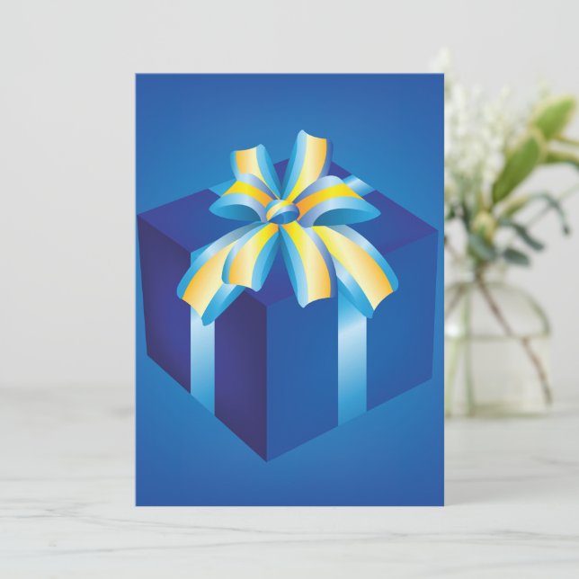 Blaue Geschenkboxen mit Gelb und Aqua Ribbon Einladung (Stehend Vorderseite)