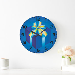 Blaue Geschenkboxen mit Gelb und Aqua Ribbon Große Wanduhr