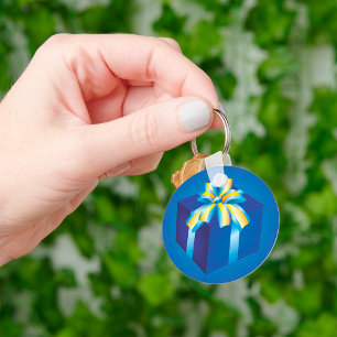 Blaue Geschenkboxen mit Gelb und Aqua Ribbon Schlüsselanhänger