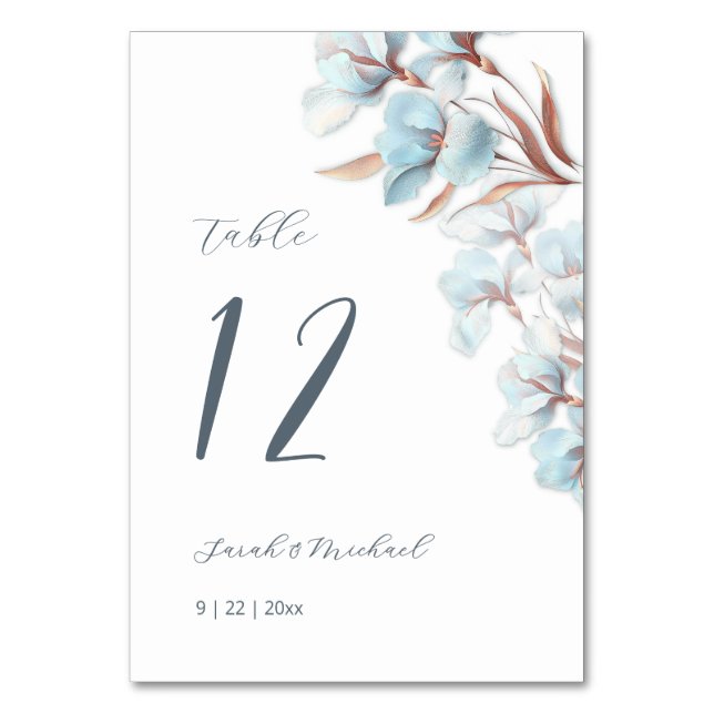Blaue geschichtete Blumen Hochzeit Tischnummer (Rückseite)
