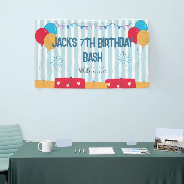 Blaue gestreifte Ballons & Geschenke Benutzerdefin Banner (Messeveranstaltung)