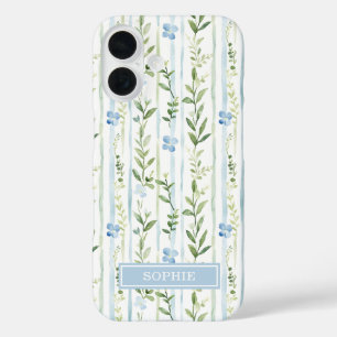 Blaue gestreifte Blumen personalisiert iPhone 16 Hülle