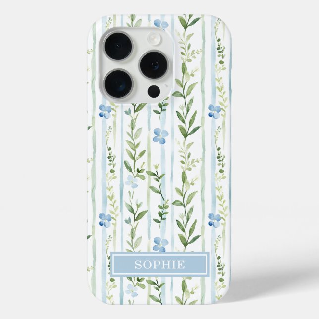 Blaue gestreifte Blumen personalisiert Case-Mate iPhone Hülle (Rückseite)