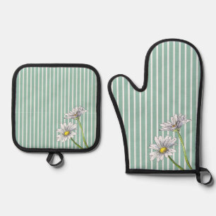 Blaue gestreifte Blumen-Wasserfarbe-Daisy-Ei-Enten Ofenhandschuh & Topflappen-Set