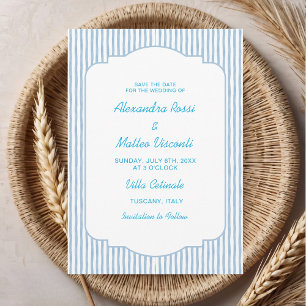 Blaue gestreifte Save The Date Elegant Skript Hoch Einladung