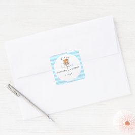 Blaue gestreifte Wir können es kaum erwarten Baby- Quadratischer Aufkleber