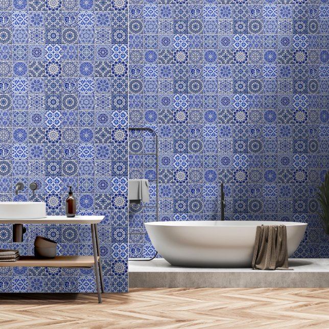 Blaue geteerte Mosaike - Vintager mediterraner Sti Tapete (Badezimmer)