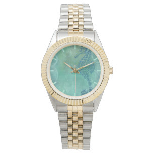 Blaue Gewässer, Seepferd und Blüh Armbanduhr