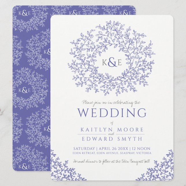 Blaue gezeichnet Mono-Kunsthochzeit Einladung (Vorne/Hinten)