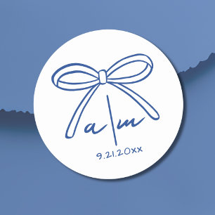 Blaue Gezogene Bogenvollmond-Hochzeitsmonogramm Runder Aufkleber