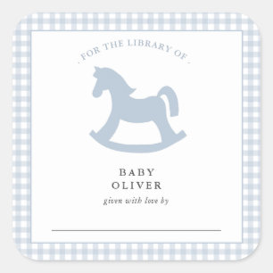 Blaue Gingham-Baby-Jungen-Exlibris Quadratischer Aufkleber