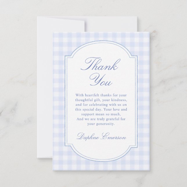 Blaue Gingham-Baby-Party Dankeskarte (Vorderseite)