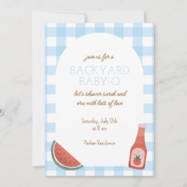 Blaue Gingham Baby-Q Babyparty-Einladung Einladung