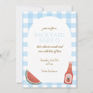 Blaue Gingham Baby-Q Babyparty-Einladung Einladung