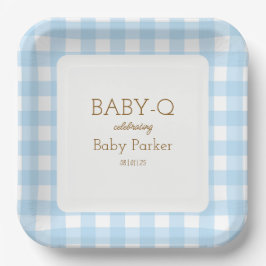 Blaue Gingham Baby-Q Quadratplatte 2 Pappteller