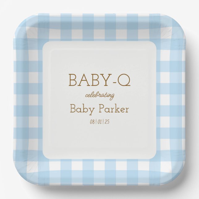 Blaue Gingham Baby-Q Quadratplatte 2 Pappteller (Vorderseite)
