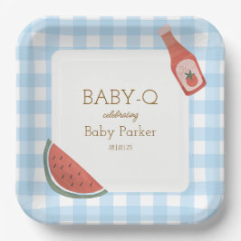 Blaue Gingham Baby-Q Quadratplatte Pappteller